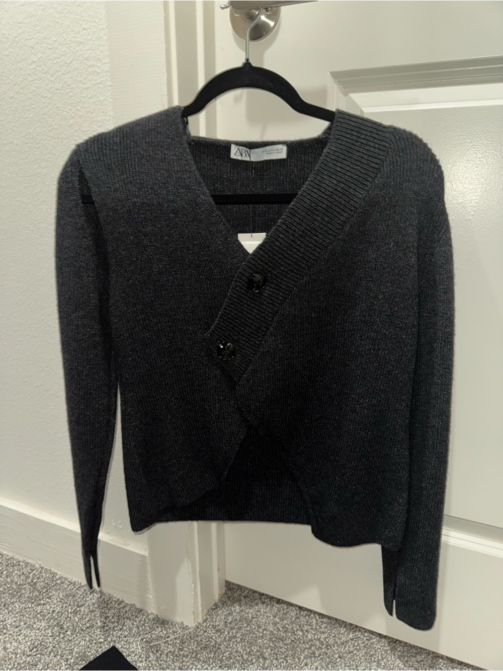 Zara Dark Charcoal Asymmetric Button-Front V-Neck Cardigan